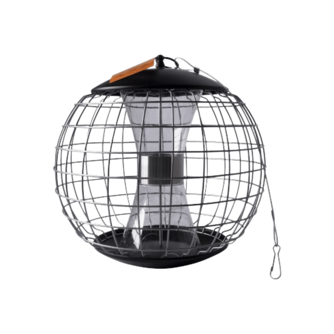 Stor, flot fuglefoderhus til frø med gitter - sort metal